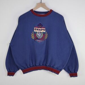 Vintage Chaps Ralph Lauren Crest Logo Cropped Sweatshirt Blue XL Striped Trim